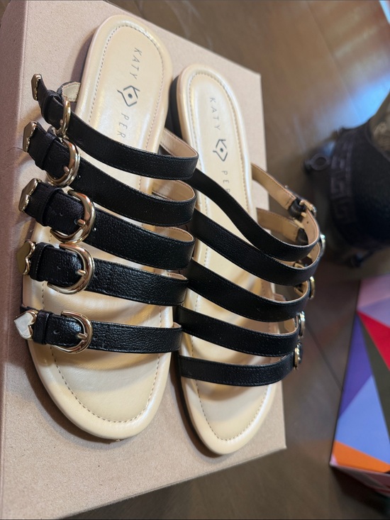 Katy Perry Collections Shoes - Katy Perry Collections Black Multi-Strap Slide Sandals with Gold Buckles